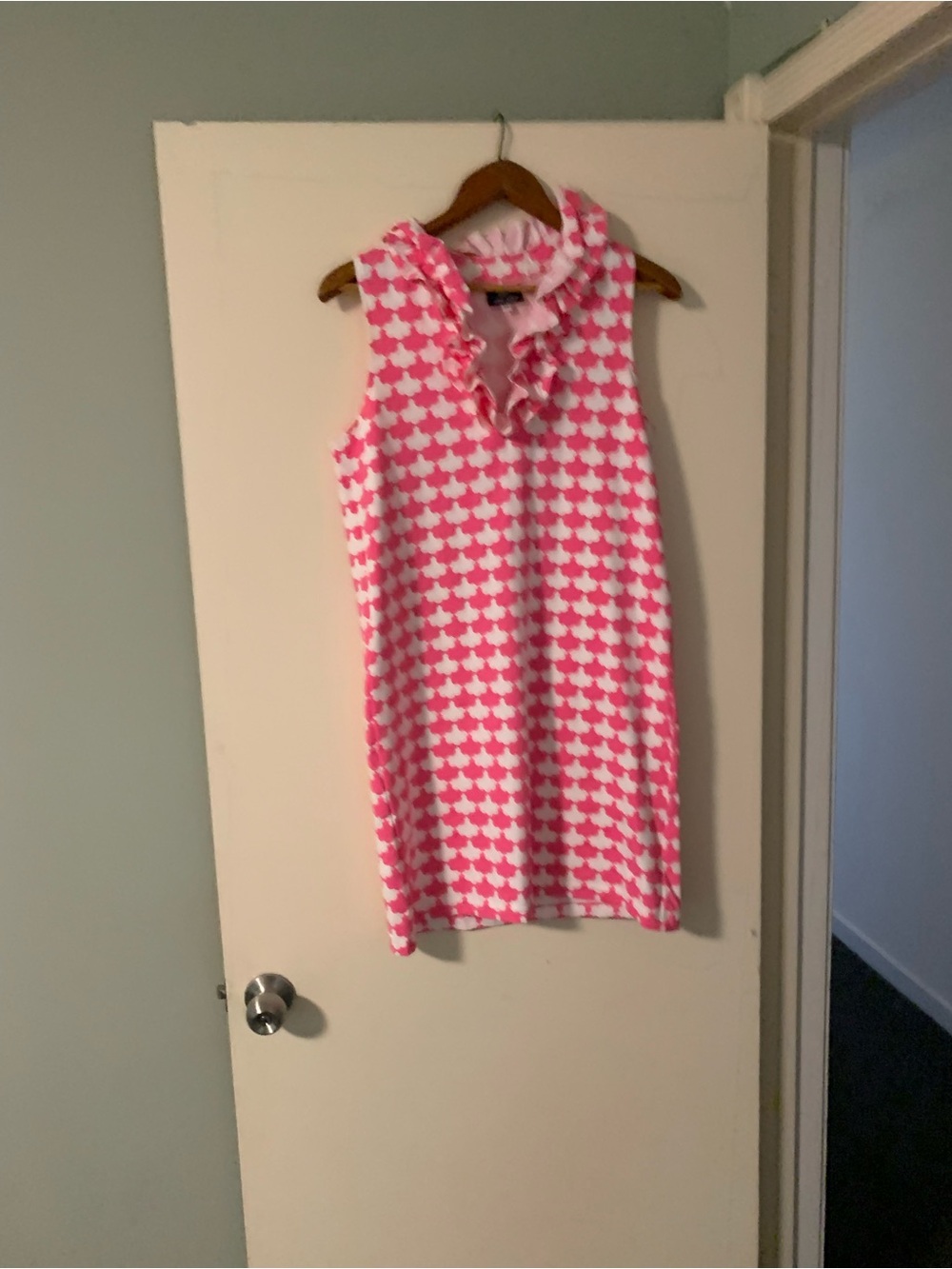 Sleeveless Pink & White Ruffle Collar Mini Shift Dress Size Medium